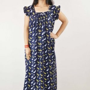 Navy Blue Cotton Maxi Nighty Square Neck Short Sleeves with pleats