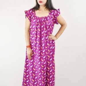 Purple Cotton Maxi Nighty Square Neck Short Sleeves with pleats