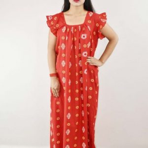 Red Cotton Maxi Nighty Square Neck Short Sleeves with pleats