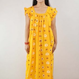 yellow Cotton Maxi Nighty Square Neck Short Sleeves with pleats