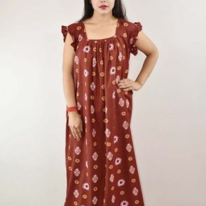 Maroon Cotton Maxi Nighty Square Neck Short Sleeves with pleats
