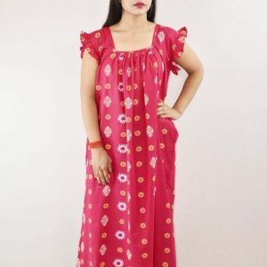 Pink Cotton Maxi Nighty Square Neck Short Sleeves with pleats