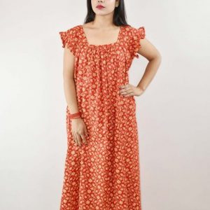 Red Cotton Maxi Nighty Square Neck Short Sleeves with pleats