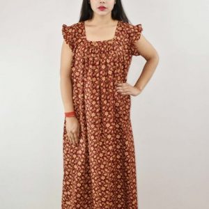 Maroon Cotton Maxi Nighty Square Neck Short Sleeves with pleats