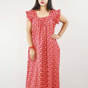 Pink Cotton Maxi Nighty Square Neck Short Sleeves with pleats