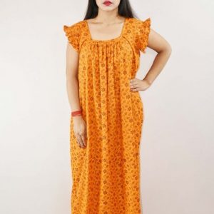 yellow Cotton Maxi Nighty Square Neck Short Sleeves with pleats