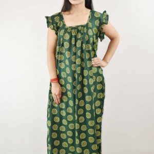 Green Cotton Maxi Nighty Square Neck Short Sleeves with pleats