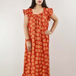 Red Cotton Maxi Nighty Square Neck Short Sleeves with pleats