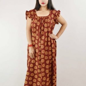 Maroon Cotton Maxi Nighty Square Neck Short Sleeves with pleats