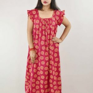 Pink Cotton Maxi Nighty Square Neck Short Sleeves with pleats