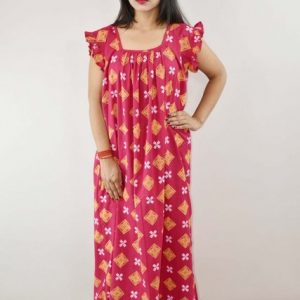 Pink Cotton Maxi Nighty Square Neck Short Sleeves with pleats