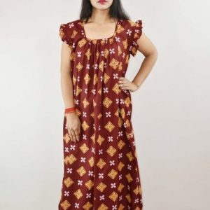 Maroon Cotton Maxi Nighty Square Neck Short Sleeves with pleats
