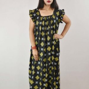 Black Cotton Maxi Nighty Square Neck Short Sleeves with pleats