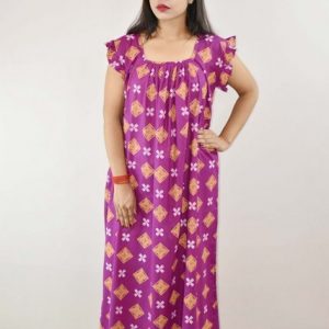 Purple Cotton Maxi Nighty Square Neck Short Sleeves with pleats