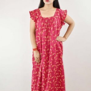 Pink Cotton Maxi Nighty Square Neck Short Sleeves with pleats