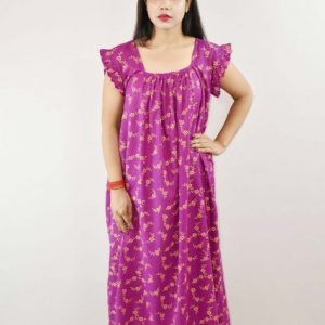 Purple Cotton Maxi Nighty Square Neck Short Sleeves with pleats