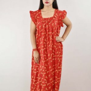 Red Cotton Maxi Nighty Square Neck Short Sleeves with pleats