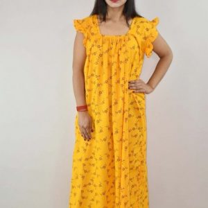 Yellow Cotton Maxi Nighty Square Neck Short Sleeves with pleats