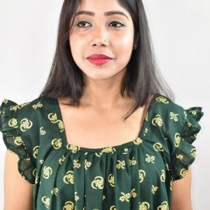 Green Cotton Maxi Nighty Square Neck Short Sleeves with pleats