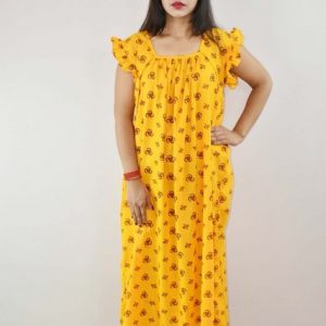 Yellow Cotton Maxi Nighty Square Neck Short Sleeves with pleats