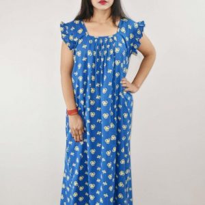 Blue Cotton Maxi Nighty Square Neck Short Sleeves with pleats