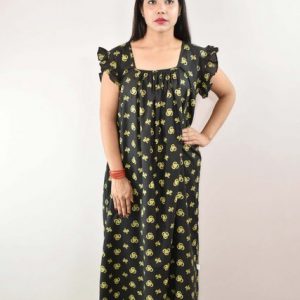 Navy Blue Cotton Maxi Nighty Square Neck Short Sleeves with pleats