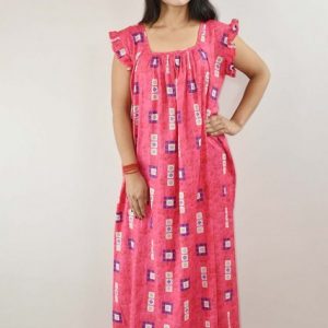 Pink Cotton Maxi Nighty Square Neck Short Sleeves with pleats