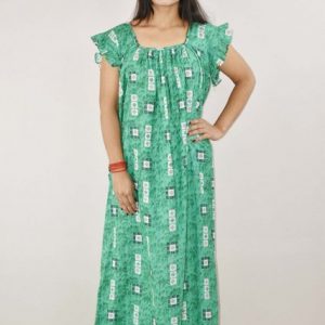 Green Cotton Maxi Nighty Square Neck Short Sleeves with pleats