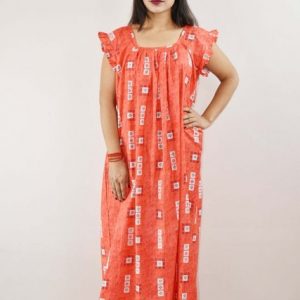 Red Cotton Maxi Nighty Square Neck Short Sleeves with pleats