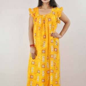 Yellow Cotton Maxi Nighty Square Neck Short Sleeves with pleats
