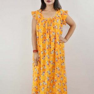 yellow Cotton Maxi Nighty Square Neck Short Sleeves with pleats