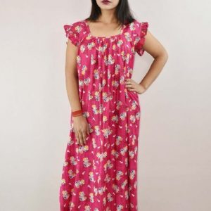 Pink Cotton Maxi Nighty Square Neck Short Sleeves with pleats