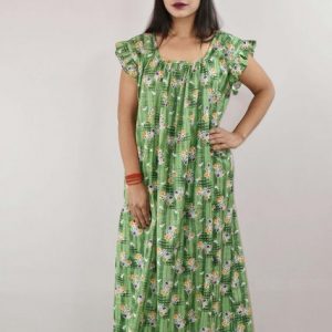 Green Cotton Maxi Nighty Square Neck Short Sleeves with pleats