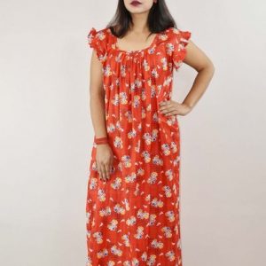 Red Cotton Maxi Nighty Square Neck Short Sleeves with pleats