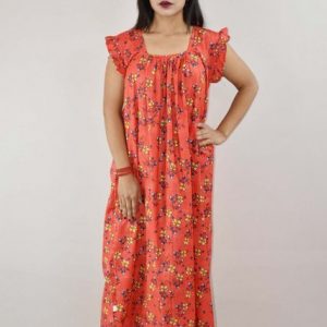 Red Cotton Maxi Nighty Square Neck Short Sleeves with pleats