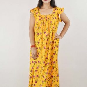 Yellow Cotton Maxi Nighty Square Neck Short Sleeves with pleats