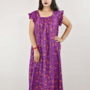 Purple Cotton Maxi Nighty Square Neck Short Sleeves with pleats
