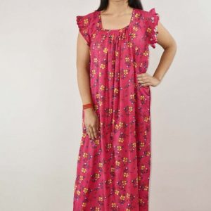 Pink Cotton Maxi Nighty Square Neck Short Sleeves with pleats