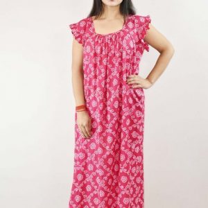 Pink Cotton Maxi Nighty Square Neck Short Sleeves with pleats