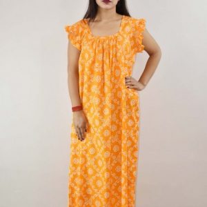 Yellow Cotton Maxi Nighty Square Neck Short Sleeves with pleats