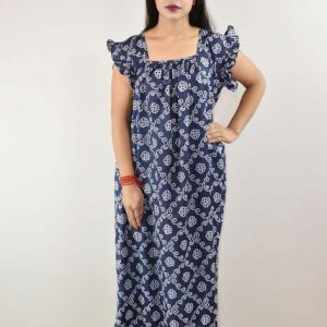 Blue Cotton Maxi Nighty Square Neck Short Sleeves with pleats