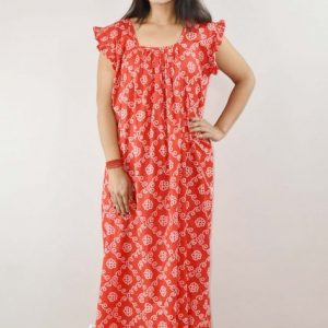 Red Cotton Maxi Nighty Square Neck Short Sleeves with pleats