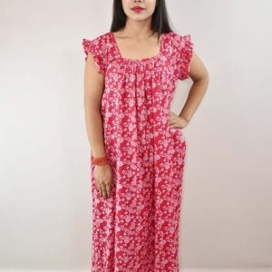 Pink Cotton Maxi Nighty Square Neck Short Sleeves with pleats