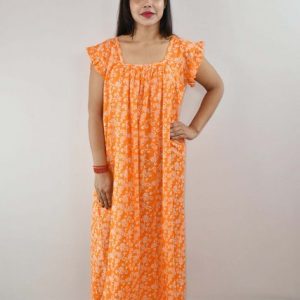 Yellow Cotton Maxi Nighty Square Neck Short Sleeves with pleats