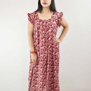 Maroon Cotton Maxi Nighty Square Neck Short Sleeves with pleats