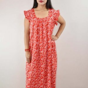 Red Cotton Maxi Nighty Square Neck Short Sleeves with pleats