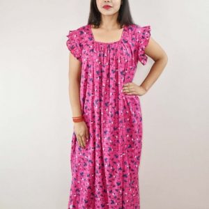 Pink Cotton Maxi Nighty Square Neck Short Sleeves with pleats