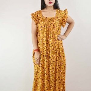 Yellow Cotton Maxi Nighty Square Neck Short Sleeves with pleats