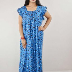 Blue Cotton Maxi Nighty Square Neck Short Sleeves with pleats