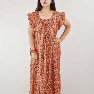 Peach Cotton Maxi Nighty Square Neck Short Sleeves with pleats